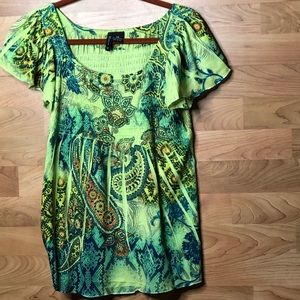 New Directions Petite Medium Paisley Lime Green Top